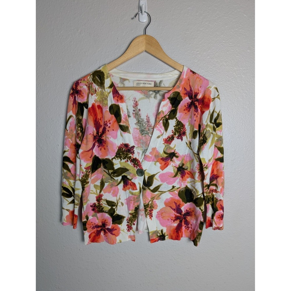 Jones New York Sport Cardigan Womens M White Floral‎ V-Neck 3/4 Sleeve Button